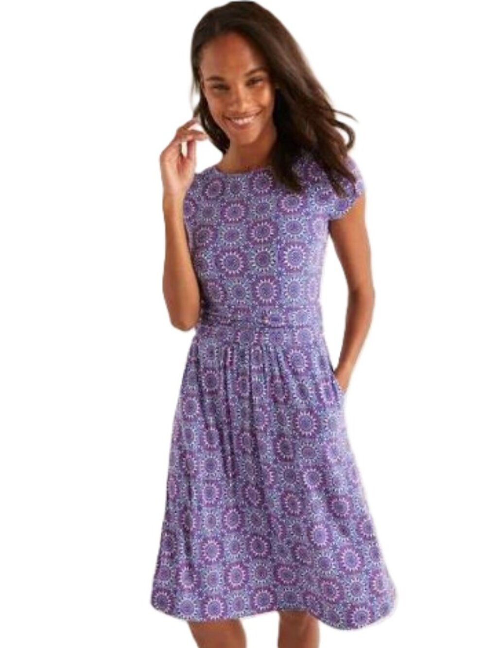 Boden Amelie Size 14R Jersey Dress Ruched Waist Sun Tile Medallion Purple Pink - Picture 2 of 10